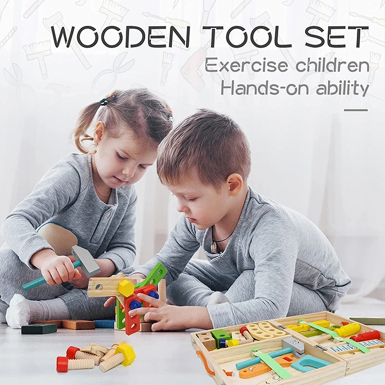 Joydom Wooden Tool Set for Kids, Wooden Tool Box with Colorful Tools, Creative DIY Wooden Toys Educational Construction for Todd