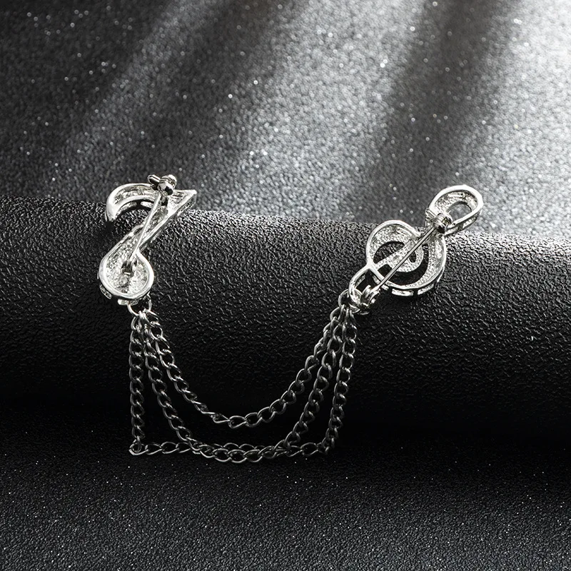 ROMANTIC Customize Badge Men Pin Brooch with Chain Suit Gold Silver Musical Note Crystal Chain Brooch