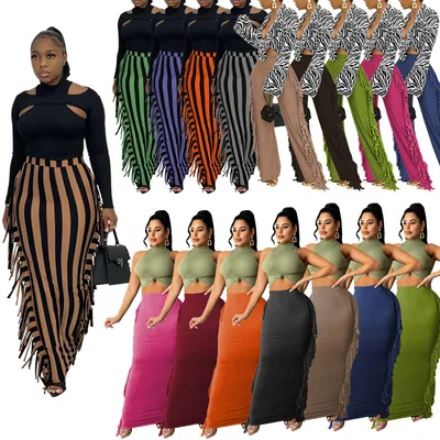 fashion women clothing maxi skirt Casual High waist striped Tassel long skirts