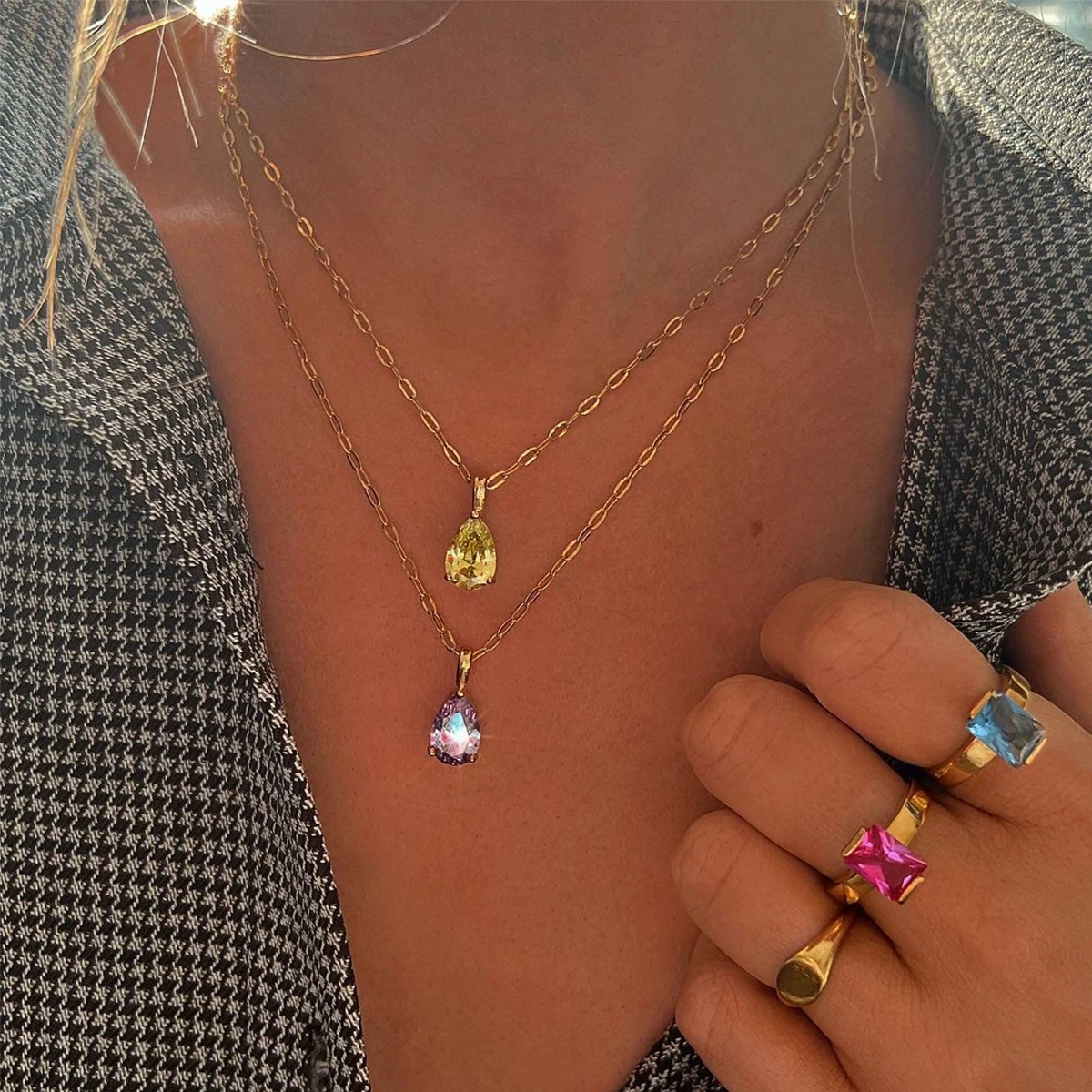 Charm 18K Gold Stainless Steel Jewelry Birth Month Necklace Cubic Zirconia Diamond Birthstone Teardrop Pendant Necklace