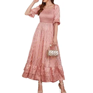 Custom Latest Designer Fashion Female Vintage Elegant Casual Summer Trendy Lady Women pink Ruffle Puff Sleeve Midi Dress 2026
