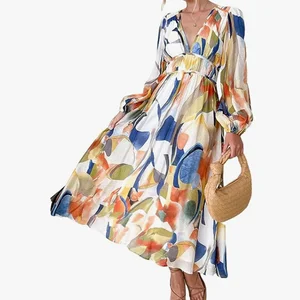 Floral Print Casual Women's Maxi Dress Long Beach Party Breathable Natural Waistline Spring Autumn Front Vintage