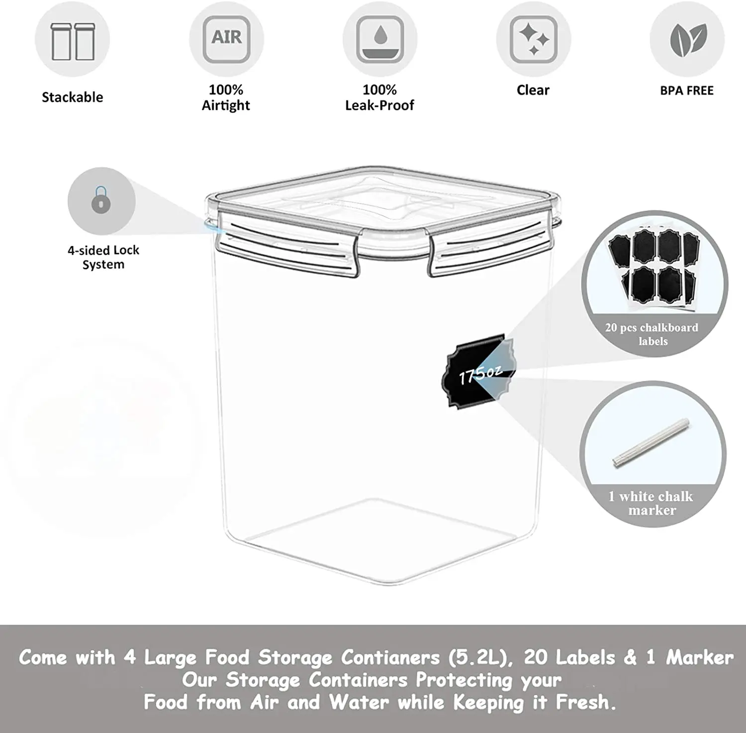 Large Food Storage Containers 5.2L / 176oz - 4 Pieces for Flour,Sugar..