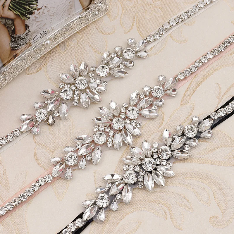 Bridal Diamond Thin Belt Sash Rhinestone Applique Satin Wedding Dress Belts Bridal Diamond Thin Belt Sash Rhinestone Applique Satin Wedding Dress Belts
