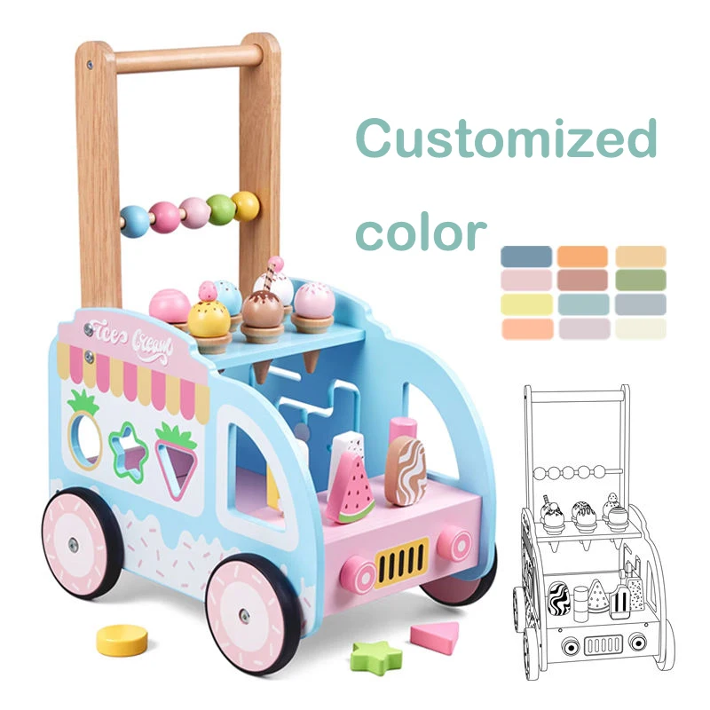 Wooden Baby Walker Hands-on Ability Exercise Early Education Toy Multifunctional Ice Cream Cart Activity Preschool Learning Toys