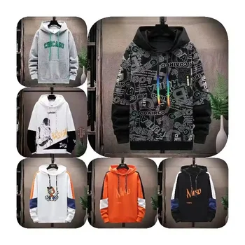 Factory hot autumn and winter men's fleece jacket suit trousers loose stitching casual trend hooded sweater sports suit men