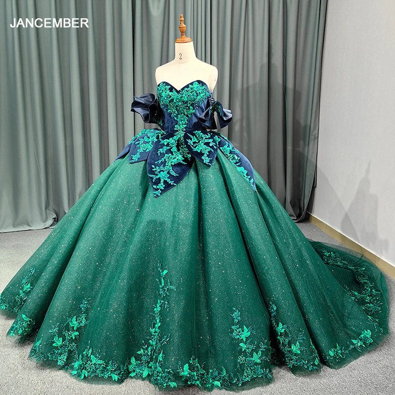 Green Sparkly Quinceanera Dresses Sweet 16 Dresses Ruffle Layered Ball Gown  3D Flowers Beading Tulle Birthday Gowns 6659