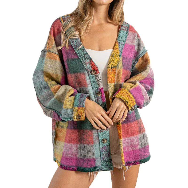 Personalised Women's Shacket Long Sleeve Button Plaid Coat_voghion.com