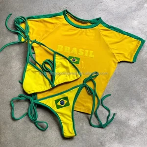 Bathing Suit for Women 2026 Custom LOGO Fitness Sexy Swimsuit 3 Piece Set Micro Mini Bikini Baby Tee T Shirt Luxury Swimwear Set