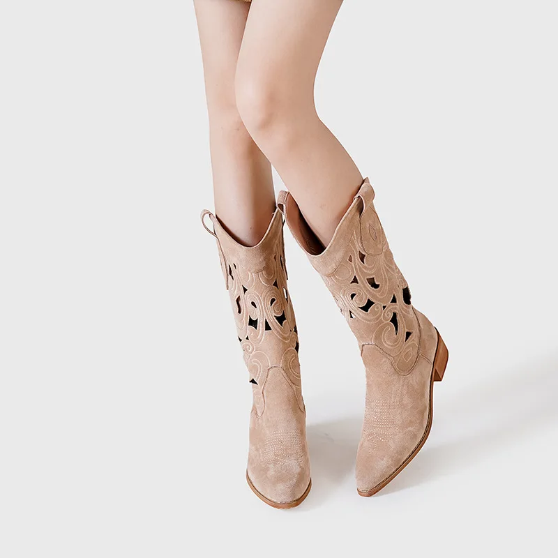 Ladies Wood Low Heels Suede Hollowed Out Sandals Boots Embroidered Ankle Women Mid-calf Western Cowboy Boots - Image 2