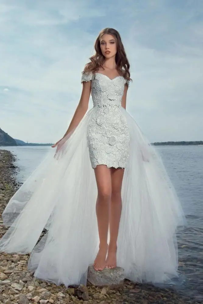 White Lace Wedding Short Wedding Dress With Tulle Skirt Short