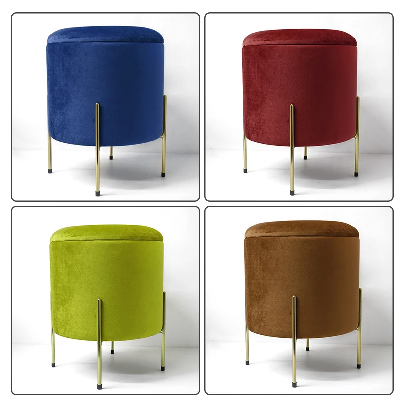 Customized Round Gold Metal Legs Ottoman Stool Modern Style Footstool Round Pouf