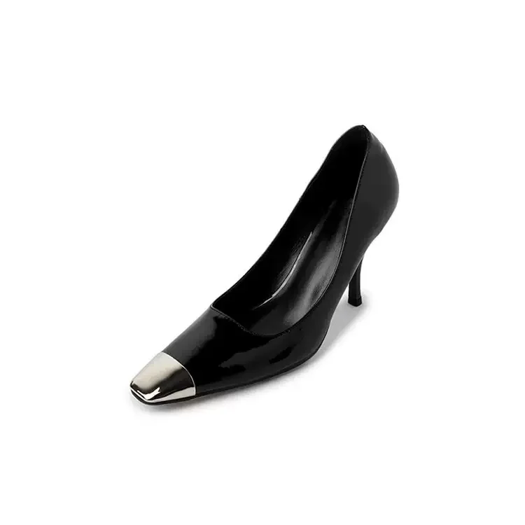 Ladies Genuine Leather Pumps Square Metal Toe Elegant Thin Heels Women High Heels - Image 1