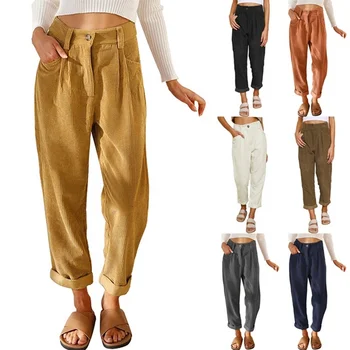Autumn new women's high-waisted casual pants Europe and the United States solid color corduroy loose straight trousers women