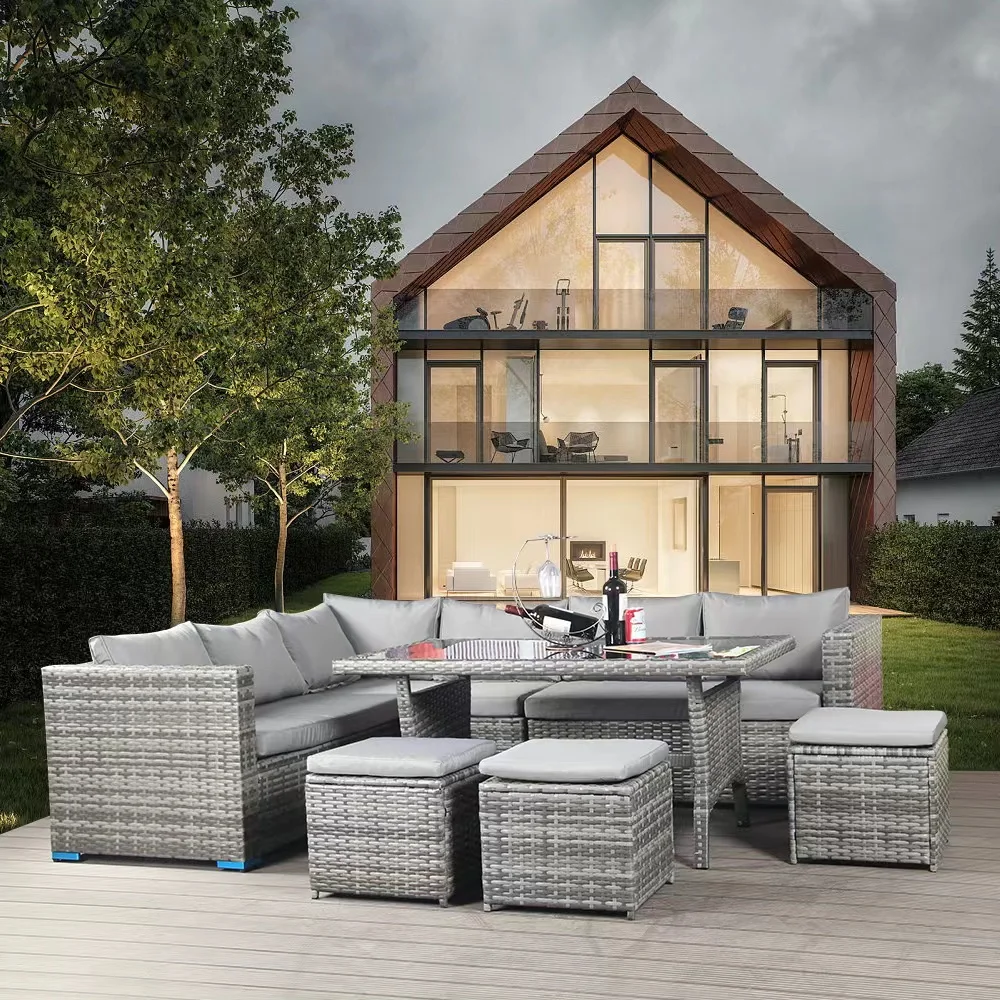 L Shape Rattan Dining Set Patio Outdoor Rattan Wicker Furniture Sets