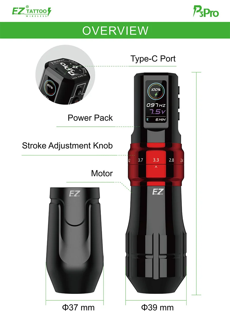 EZ Tattoo P3 PRO Wireless Tattoo Machine with Adjustable Stroke
