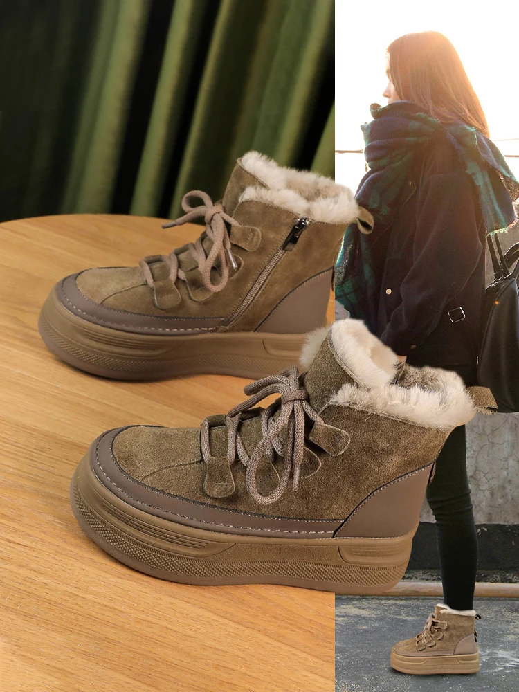 Women Pocket Boot Lace up Ladies Ankle Boots Female Buckle Strap Black  Chunky Sole Plush Warm Boots Ladies Winter Shoes - Main Image