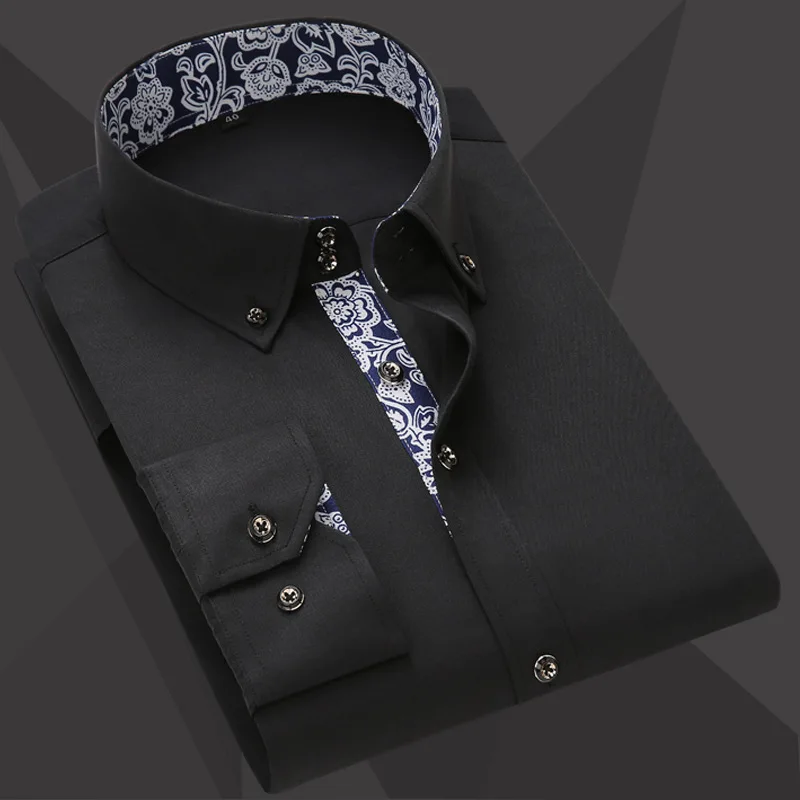 Neit Langärmhemd fir Männer mat Muster, Turn-Down-Kragen, Koreanesch Versioun, Slim Fit, Hochzäit, Business Casual, Männerkleeder, 587_voghion.com