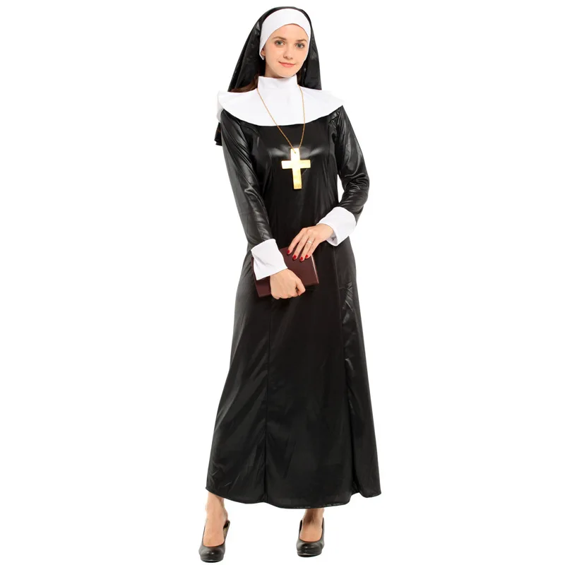 Role Play Nun Costume Women's Heavenly Hottie Vinyl Dress with Headpiece Sexy Halloween Costumes