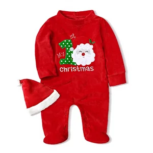 Unisex Baby Christmas Footed Romper Set with Santa Hat 2Pcs Baby Outfit