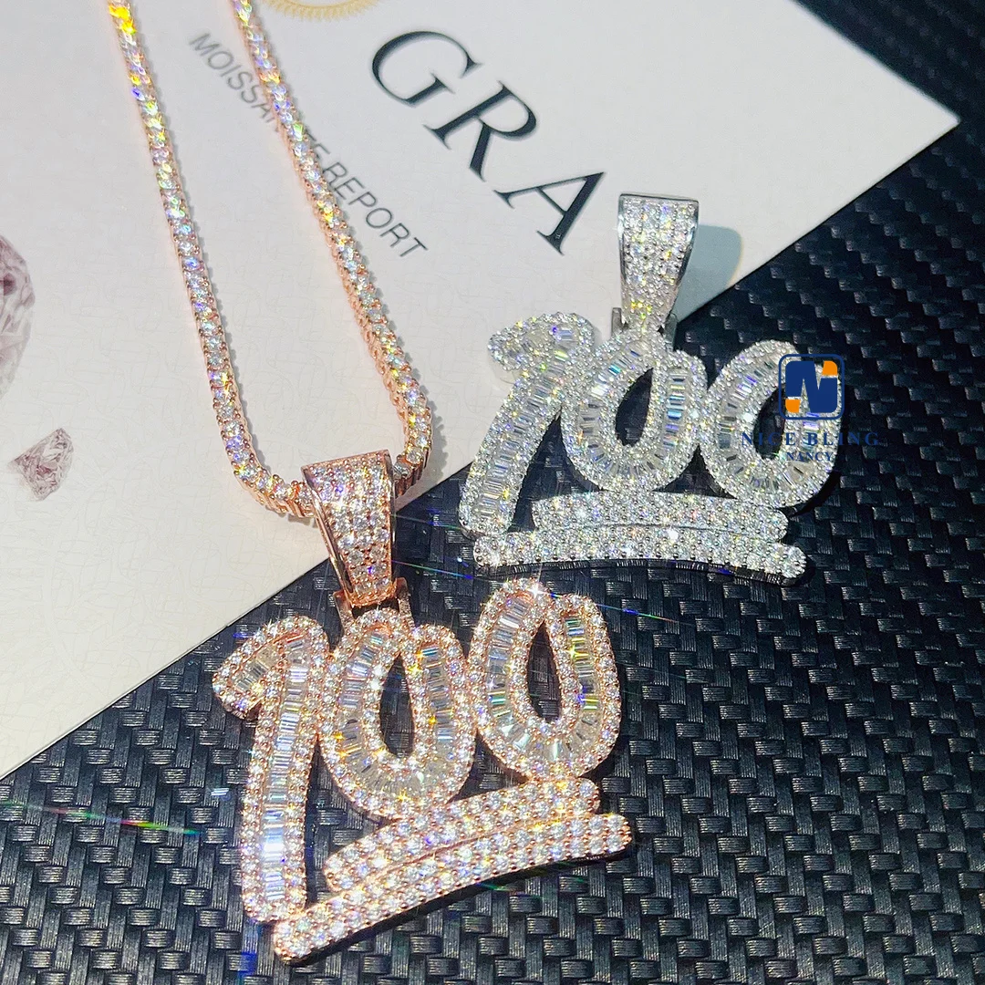 Custom Charm Lucky Number 100 Pendant Iced Out Necklace