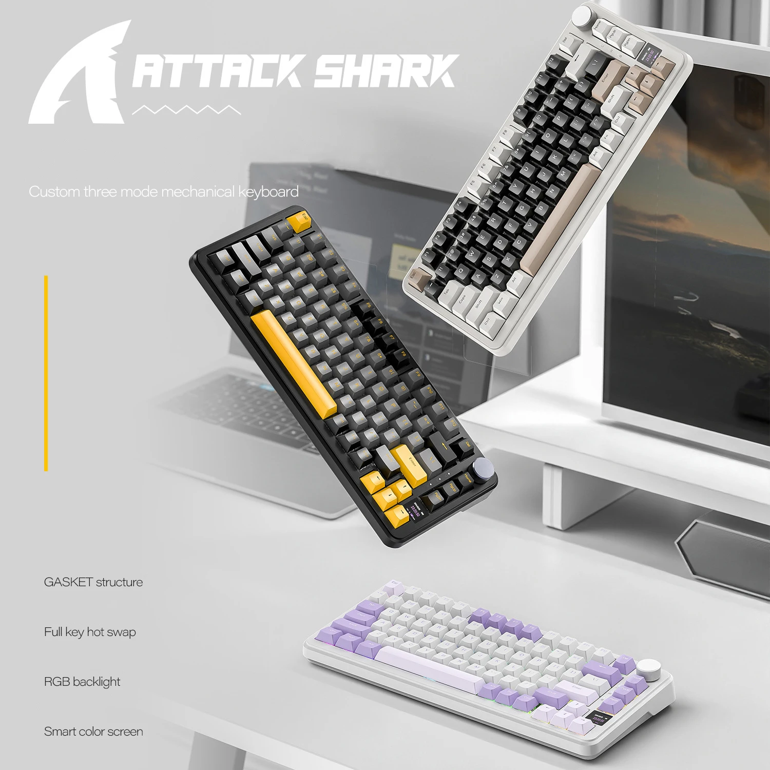 Attack Shark X85 PRO Three Mode RGB BT Wireless Mechanical Keyboard with Display Customized Hot Plug Game Mechanical Keyboard