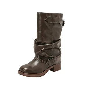 Women's Square Toe Knee-High Boots Chunky Heel Composite Leather Loose Fit Zip Closure Winter Light Spring Wide Calf Western