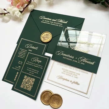 Gold Foil Invite Mariage Luxury Elegant Personalized Transparent Acrylic Wedding Invitation Kit With Qr Code Rsvp Card