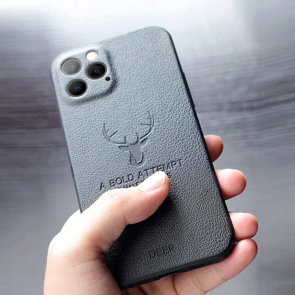 What is Luxury Leather Texture Square Frame Case on for iPhone 14 13 12 11  PRO Max Mini X Xr Xs Deer Camera Protection Shockproof Cover