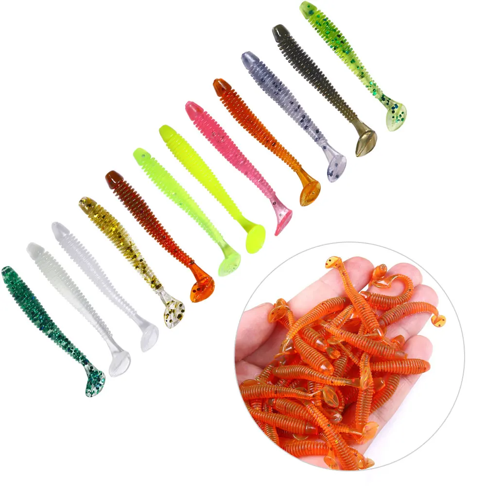 50pcs/bag Wholesale Soft Plastic T Tail Worm Bait Fishing Lure  Plastic Shad Fishing Soft Lure Artificial Bait