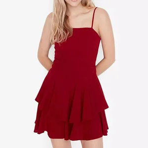 Custom Ladies Stylish Velvet Solid Unlined Sleeveless Waist Tie Tiered Hem Mini Casual Women's Dress