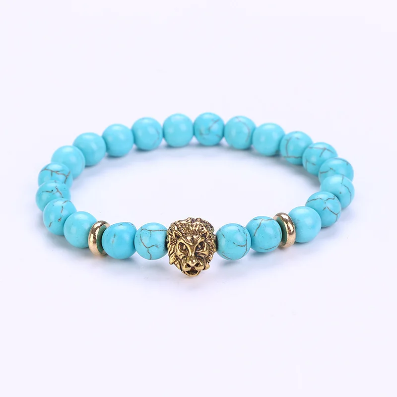 8mm Natural Gemstone Beaded Chakra Bracelet with Elastic Alloy Lion Head Anniversary Gift for Men and Women