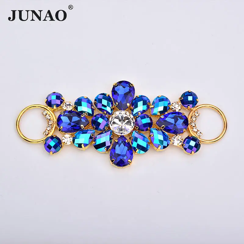 50*115mm Sewing Blue AB Strass Flower Applique Crystal Buckle Bikini Connector Glass Rhinestone Chain for Bra Dress Decoration