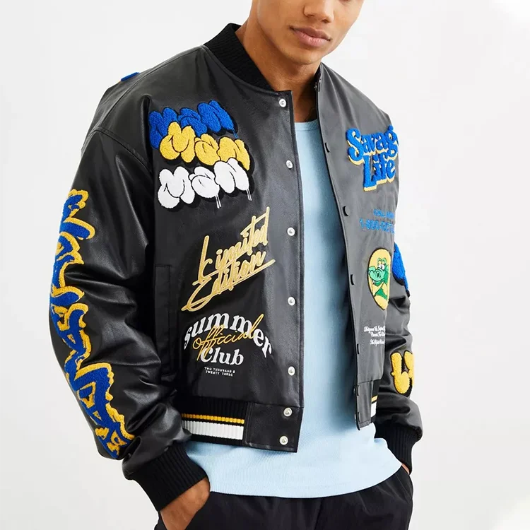 Black Pu Leather Baseball Men Multi Badge Chenille Embroidery Varsity Jacket men_voghion.com