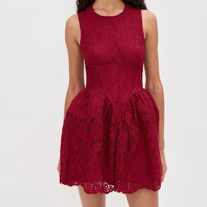 Wisrise Fashion Custom Wholesale Women's Burgundy Lace Floral Pattern Sleeveless Fit and Flare Mini Dress