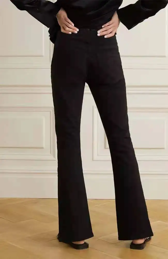 FD002 Autumn Winter Europe and American Burr Edge High Waist Pure Black Front Slit Design  Nine-minute Flare Pants Women