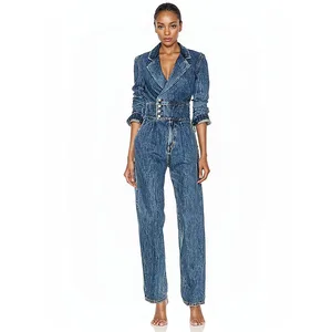 Autumn New Fashion Casual Denim  Long Sleeve Blazer Jumpsuit Straight Jeans Women