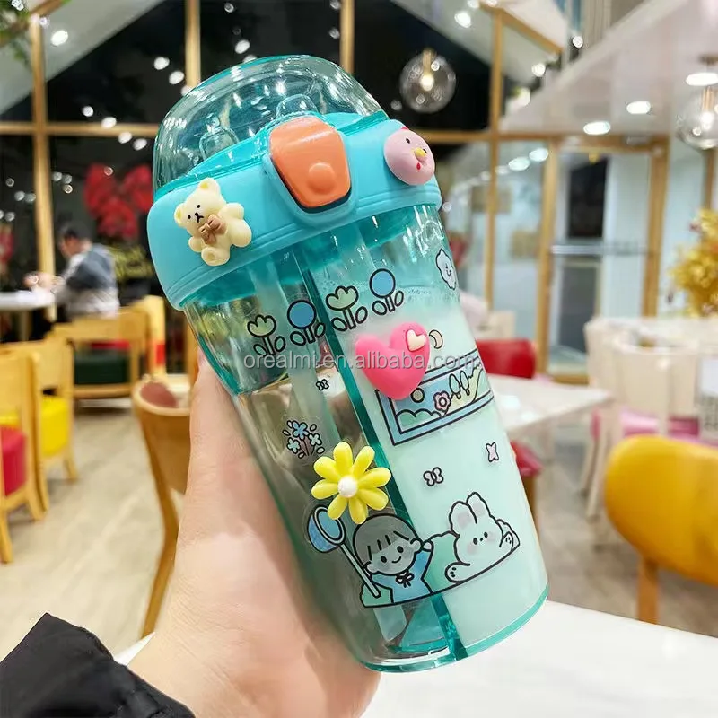 Cute Double Straw Drink Bottle Leak-proof Plastic Water Bottle For Kids ...