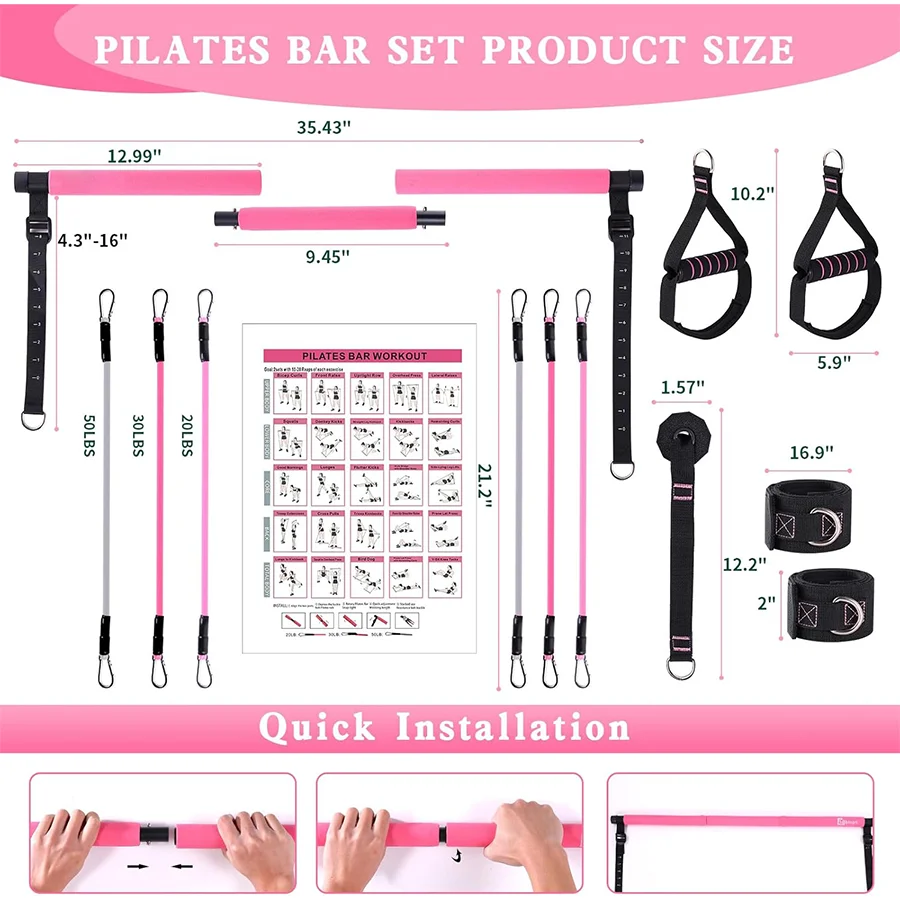 180LBS Adjustable Pilates Bar Kit With Resistance Bands - Full Body Home Workout System