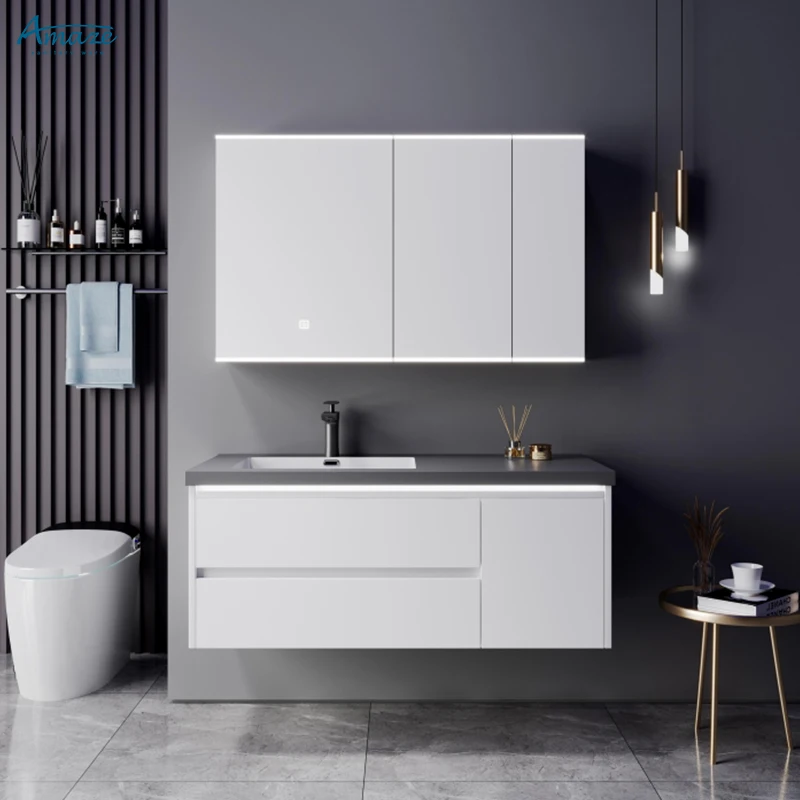 Modern solid wood bathroom furniture wall mounted double deck bathroom cabinet vanity with sink