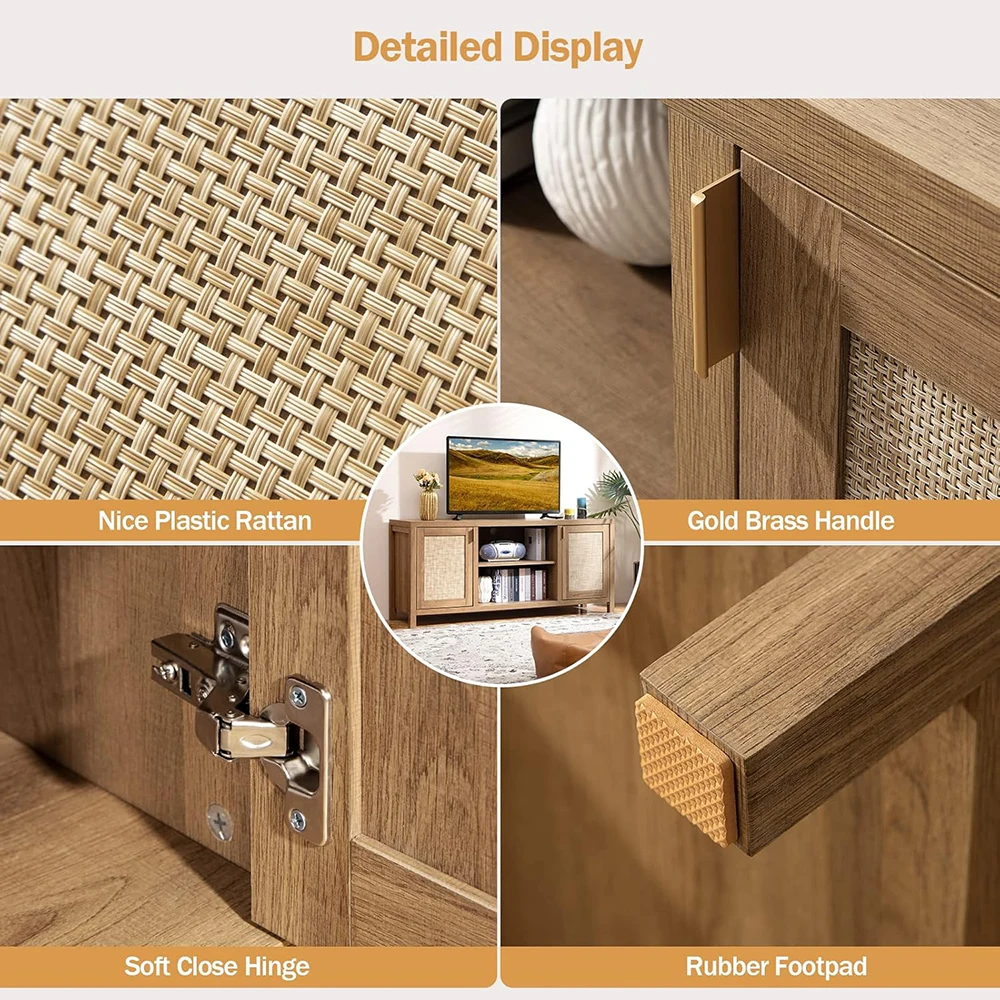 Boho Entertainment Center 59\" Media Console Rattan TV Console Cabinet Storage Shelf 26\" Tall Living Room TV Stand for TVs details