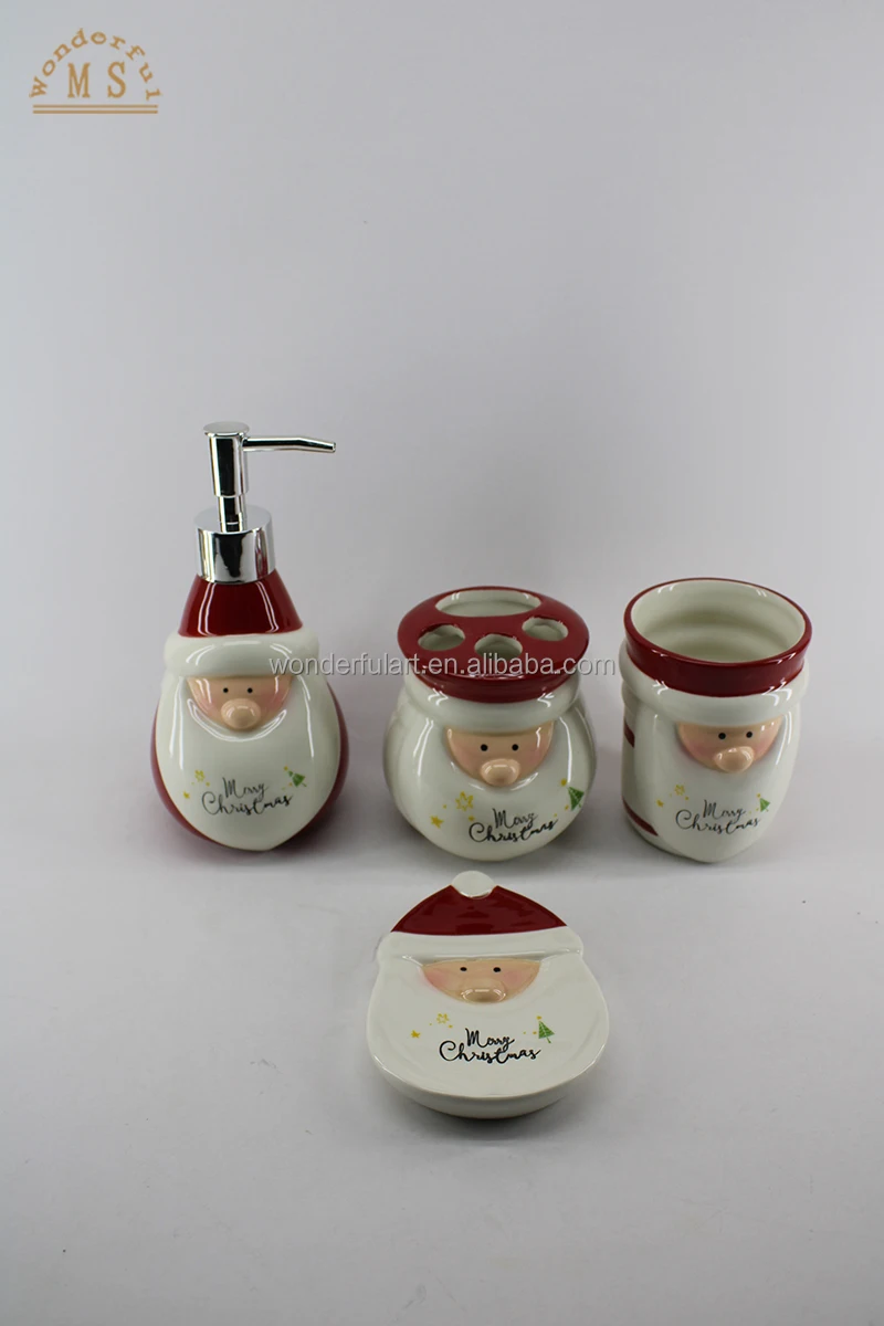 2D 3D Santa Claus Christmas Bathroom Accessories Set Stoneware Soap Dispenser Red Bathroom Sets for Homeware Festival Gift