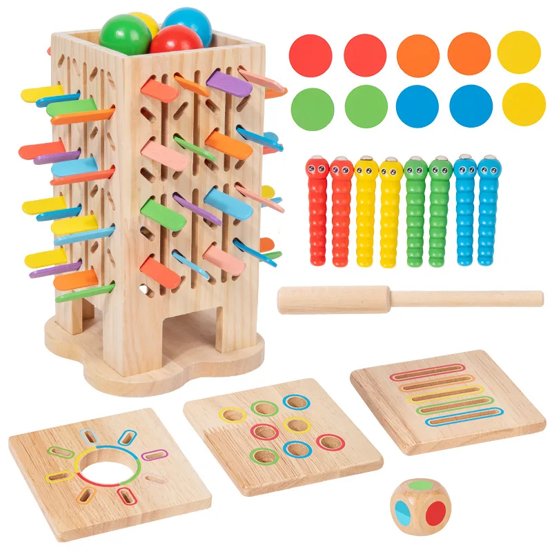 Montessori Wooden Board Game with Colorful Sticks & Dice-Fine Motor Skills Counting Family Travel Toy for 3+ Years Old Kids