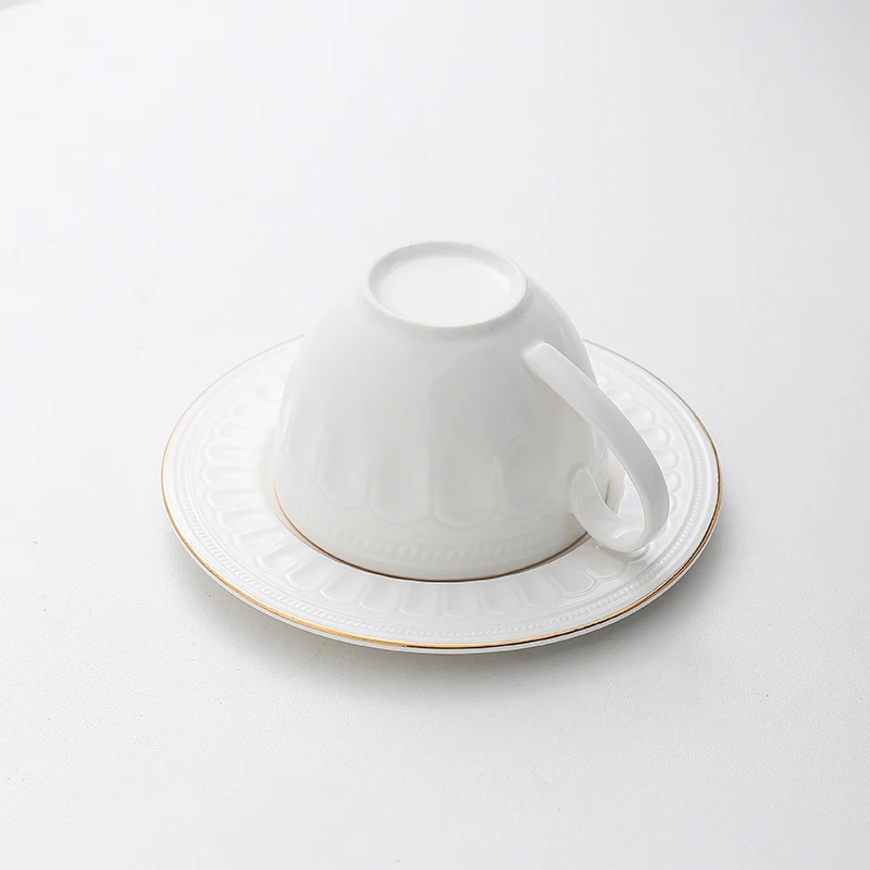 Luxury Gold Rim Embossed Wedding Hotel White Ceramic Coffee Tea Cups