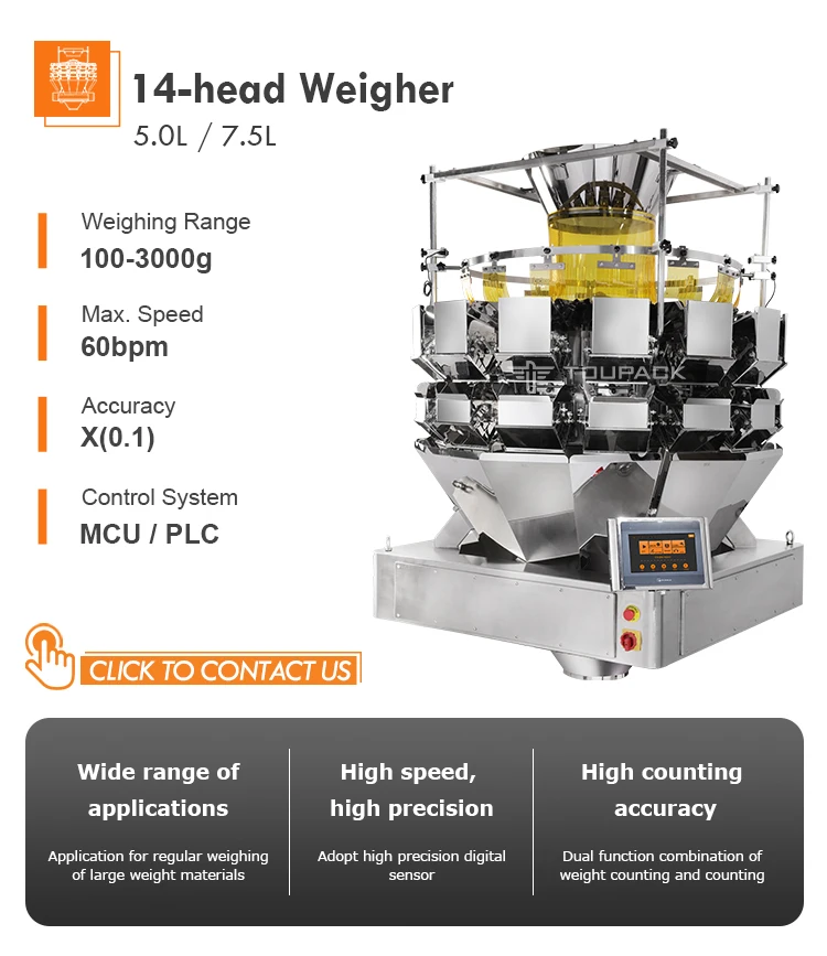 High-Speed Automatic Pouch Packaging Machine with 14 Head Multihead Weigher for Granule Filling in Stainless Steel 304/316