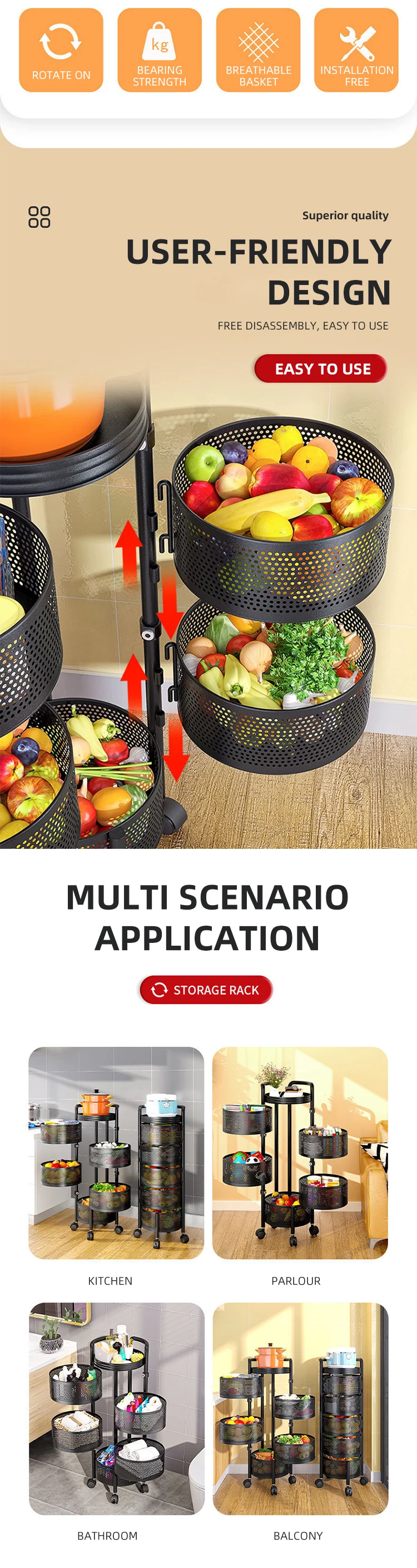 5 Layer Rotating Vegetable Rack Household Round Basket Cylindrical