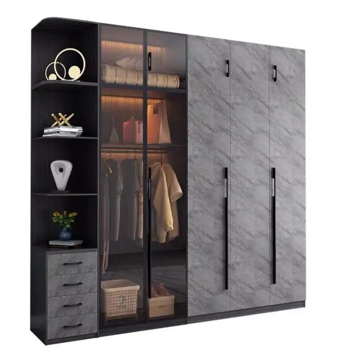Black White Gold Bedroom Furniture Wooden Modern Minimalist European Style Wardrobes with Storage Glass