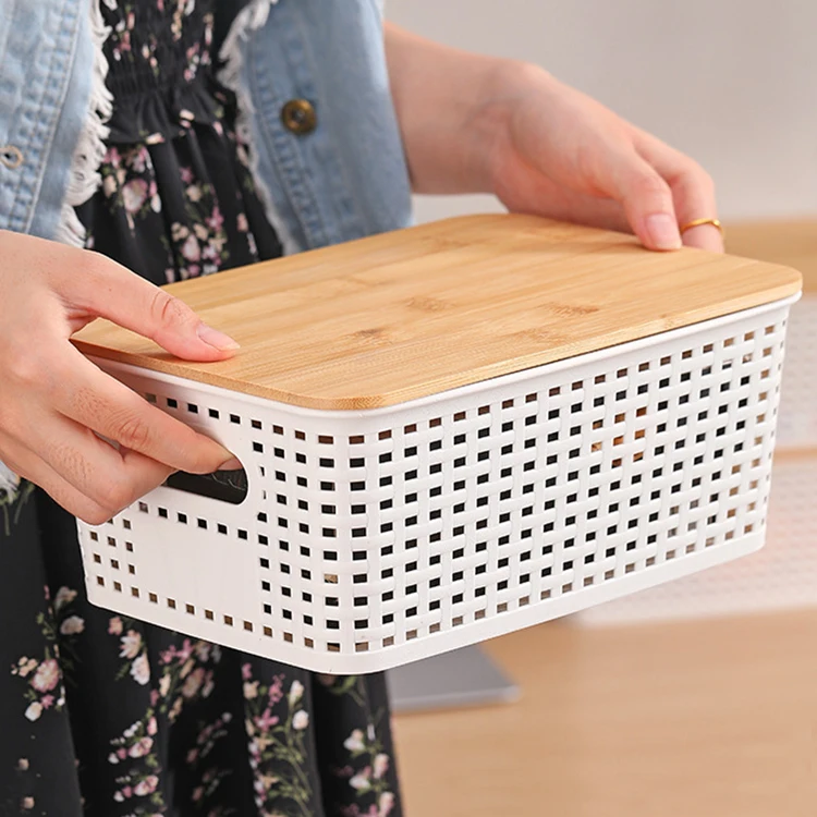 Wholesale 6 Packs Stackable Plastic Storage Bins with Bamboo Lids for Pantry Organization