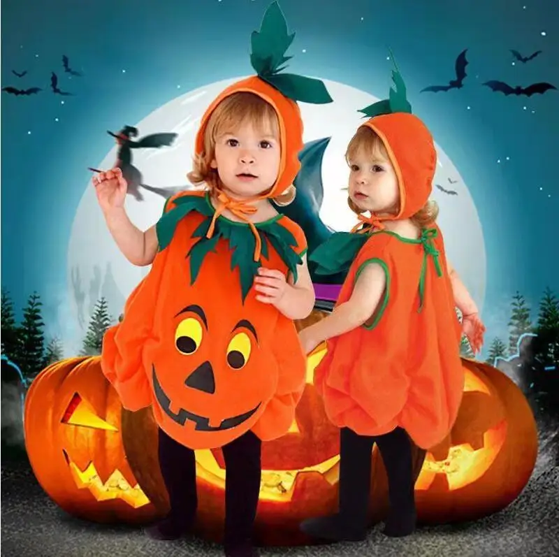 Pompoen Halloweenkostuum Voor Kinderen – 4-delige Set, Met Jurk, Hoed, Snoepzak En Schoenovertrekken, Maat M (48 Cm, Geschikt Voor 90-95 Cm Lengte), Huidvriendelijk Katoen