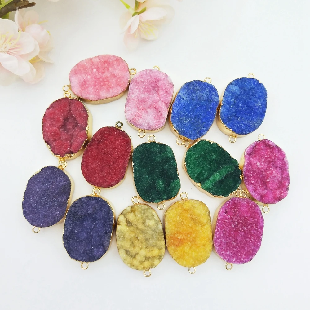 Customized Gold Edge Blue Red Yellow Rose Crystal Double Bails Pendant Free Form Oval Druzy Agate Geode Connector for Bracelet